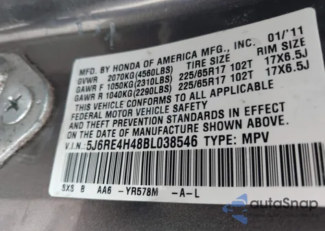 2011 Honda Cr-V Se from USA, damaged, VIN 5J6RE4H48BL038546